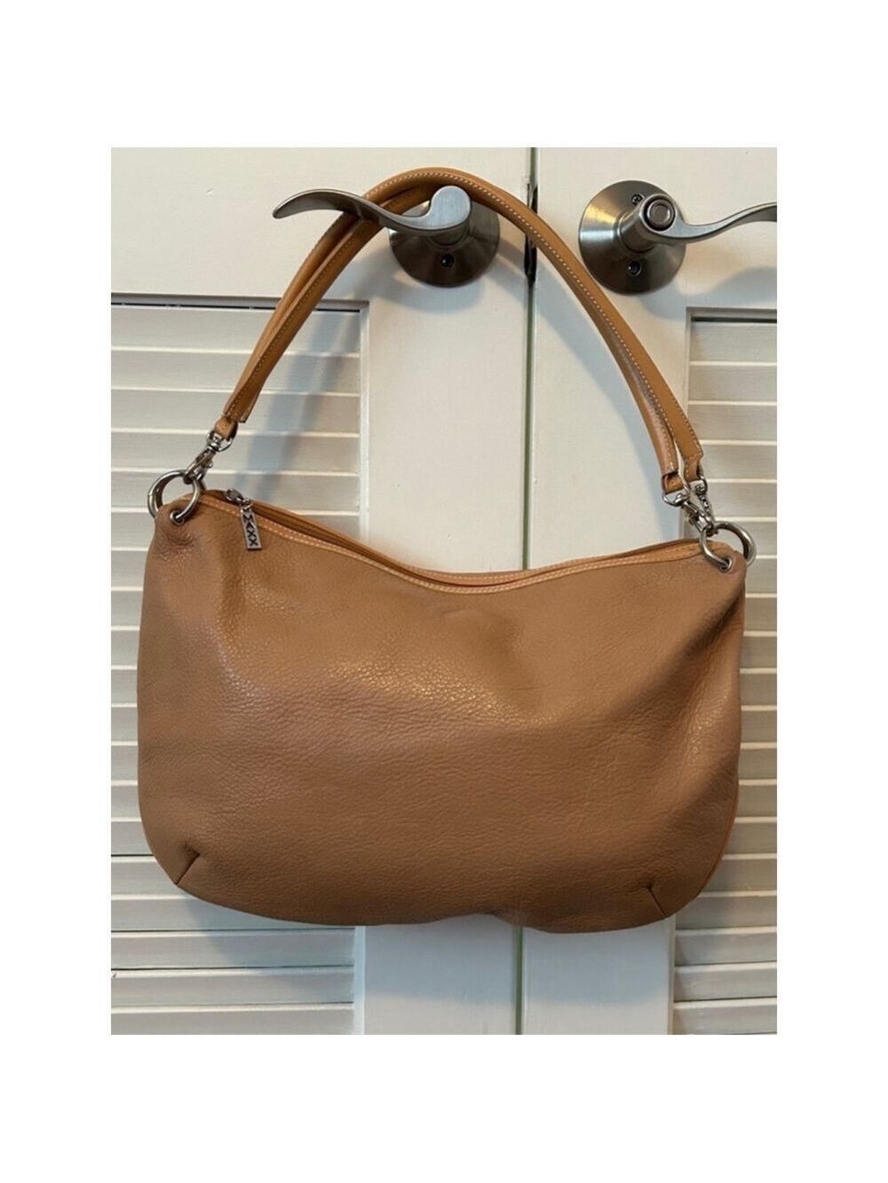 MAXX New York Tan Leather Hobo Handbag Camel Shoulder Bag Silver Hardware